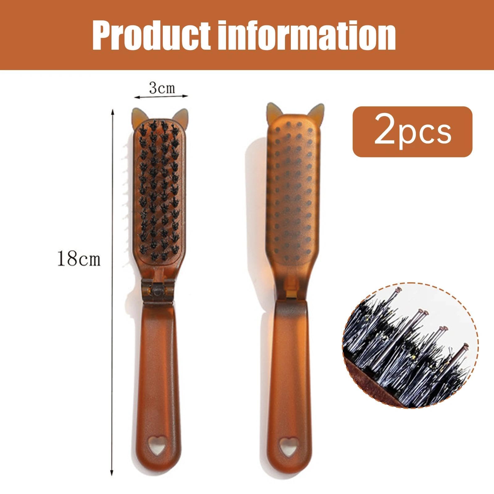 Mini Boar Bristle Brush, 2-Pack Travel Compact Collapsible for Hair Shine Smoothing Detangling, Amber - Image 2
