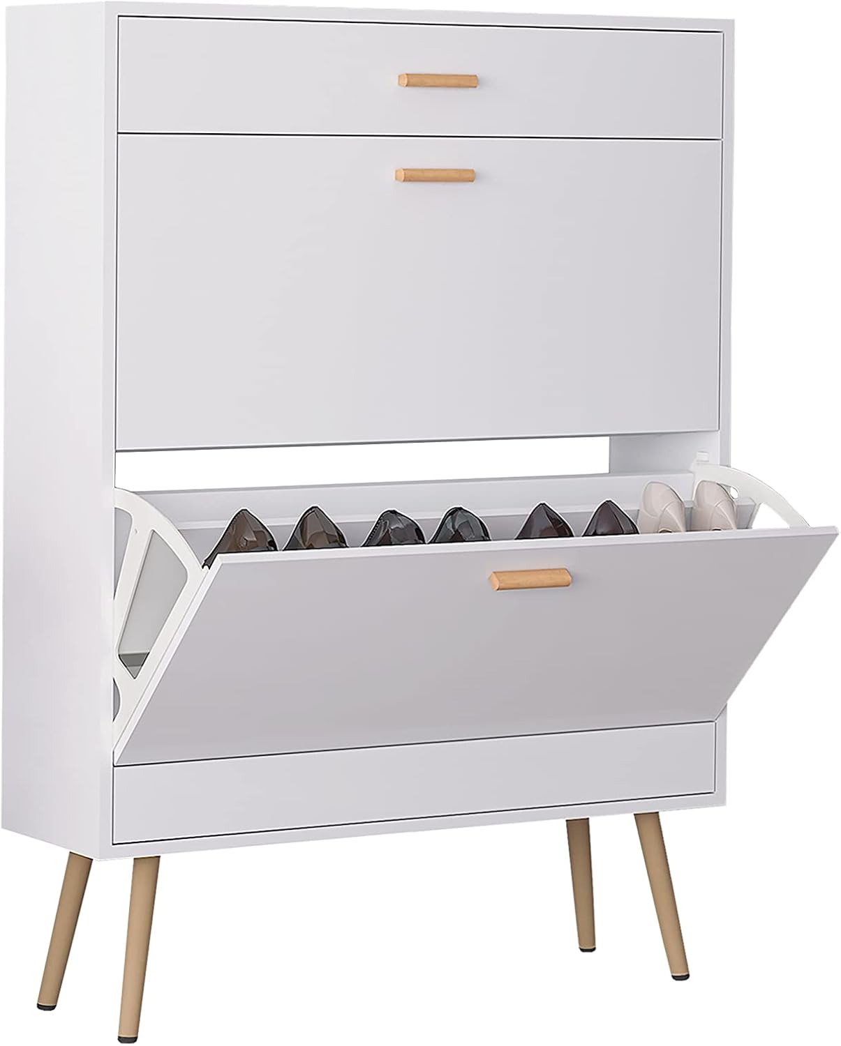 WEI WEI GLOBAL Narrow Shoe Storage Cabinet - Entryway Shoe Rack Cupboard Organizer for Home and Apartment, White
