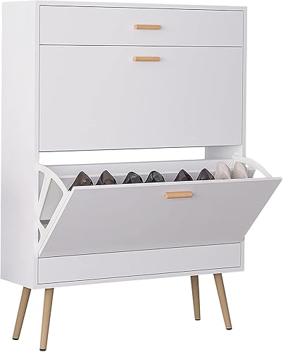 Miniatura 5 de Karl home Zapatero de entrada estrecha zapatero independiente con 2 puertas abatibles 1 cajón organizador de almacenamiento oculto de madera