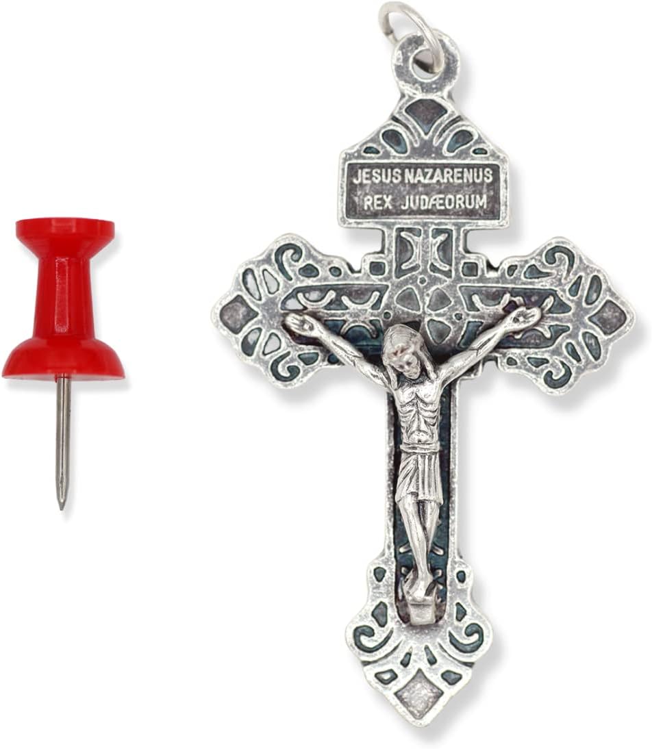 Pack of 3 - Pardon Crucifix Rosary Part Pope Saint Pius X - 2 1/8" Silver Oxidized Italian Catholic Crucifixes for Rosary Making Supplies, Made in Italy