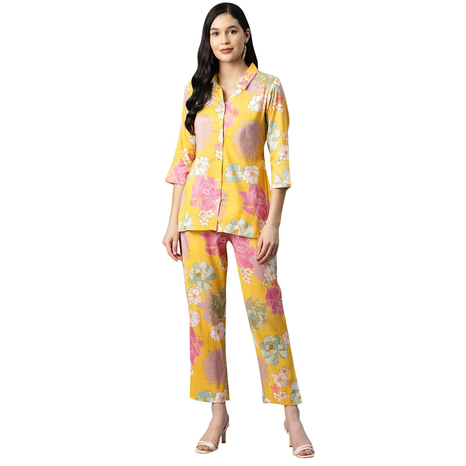 Ishin Women's Silk Blend Printed Yellow Co-Ord Set