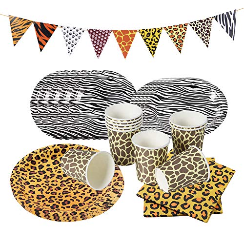 SUNBEAUTY Fournitures pour Jungle Party 50pcs, Vaisselle Jetable d'anniversaire Léopard Serviettes à Dessert Tasses en Papier Assiettes Set Bannière Triangulaire pour Décoration Fête Anniversaire