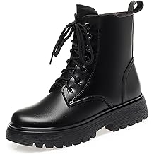 Women's Leather Lace-Up Platform Combat Boots with Side Zip Comfortable Round Toe Lug Sole Fur Lining Chunky Heel Riding Booties Casual Fall Winter Warm Motorcycle Boots