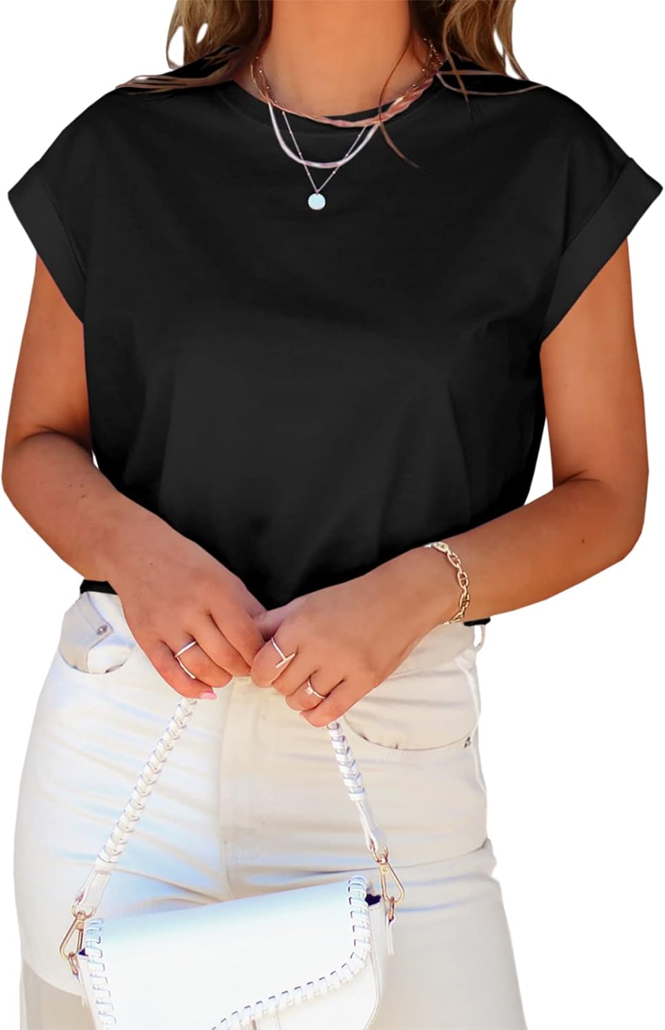 Tankaneo Womens Short Sleeve Cropped T-Shirts Summer Rolled Dolman Sleeve Crop Tops Casual Round Neck Solid Short Basic Tees - Image 2