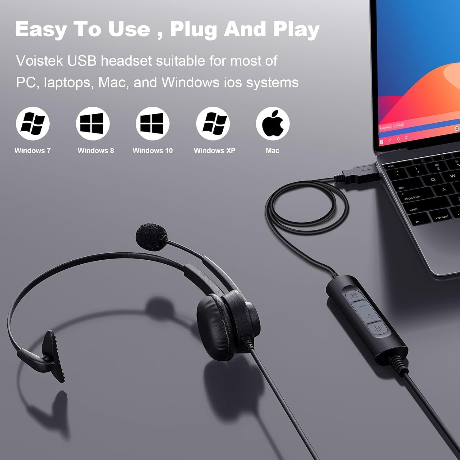 Cuffie USB Con Microfono Voistek - Cancellazione Rumore, Per PC, Ufficio, Call Center, Con Adattatore Type-C - Foto 9