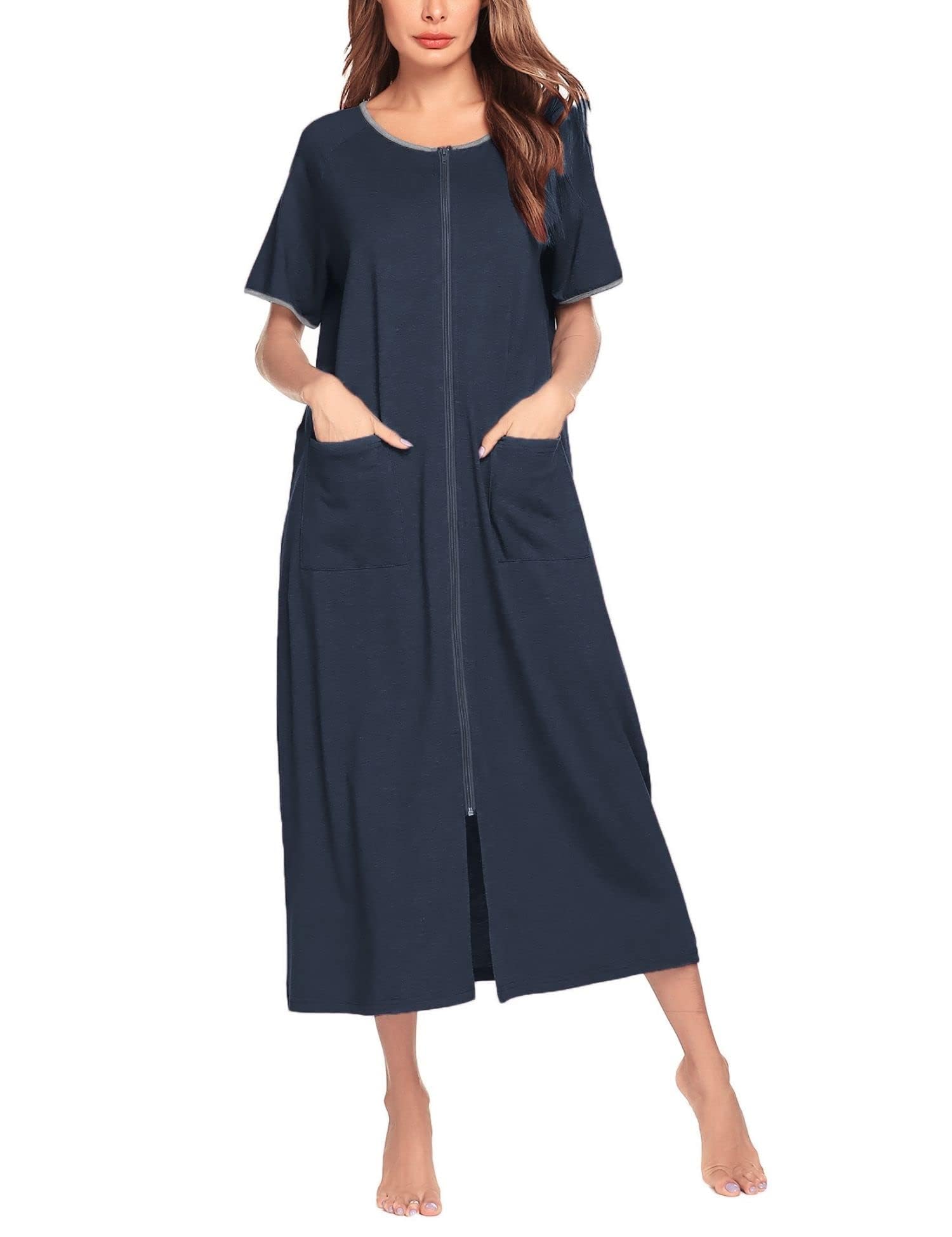 Ekouaer Women Robes Zipper Front Short Sleeve Full Length Housecoat with Pockets Loungewear S-4XL
