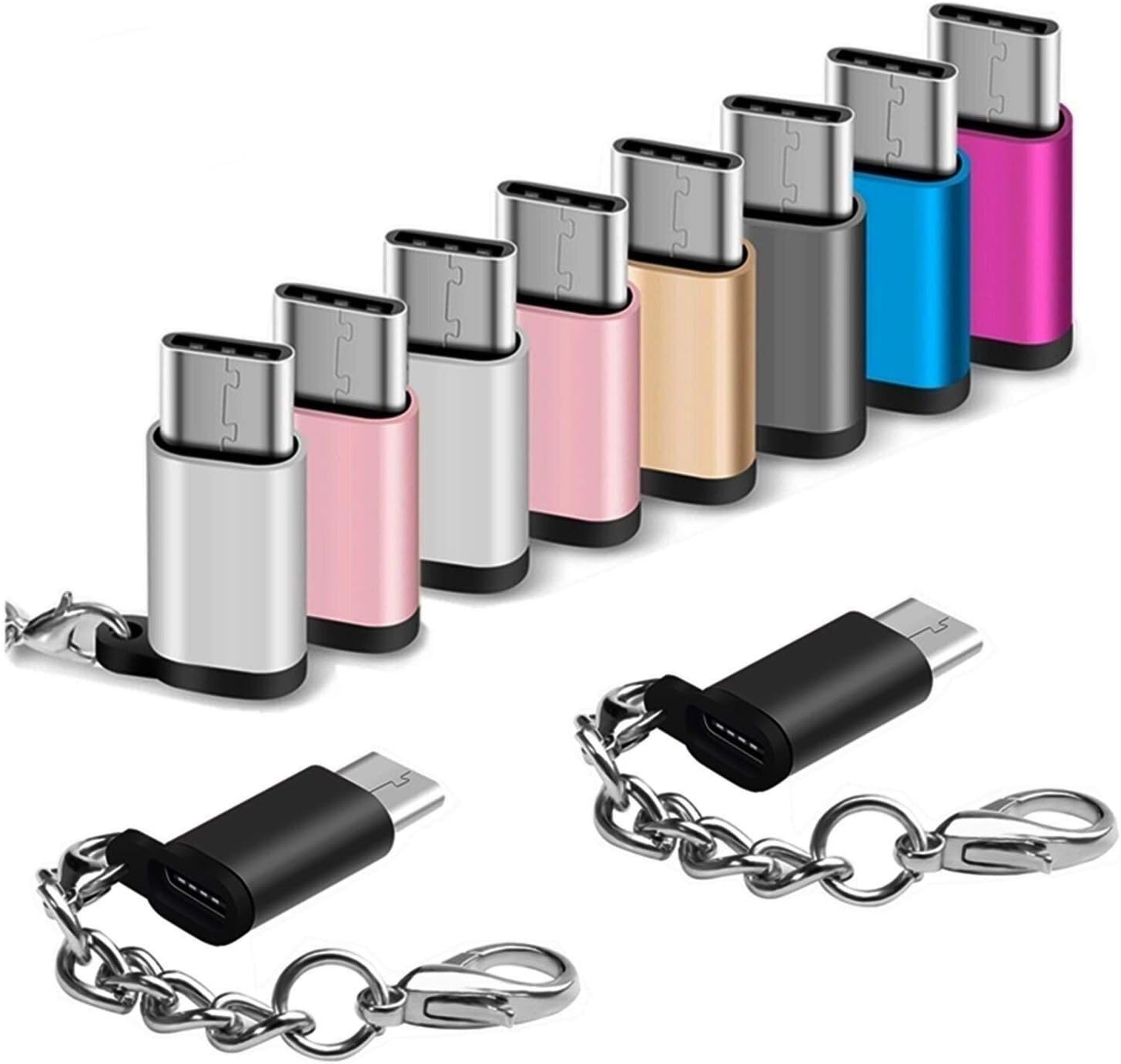 USB Type C Adapter 10 Pack Micro USB Female to USB-C Male Converter Android Cable Connector with Keychain Charger fit Samsung Galaxy S10 S9 S8 Plus S9+ Note 10 10+ 9 8 LG V30 V20 G7 G6 G5 Pixel 3 Moto