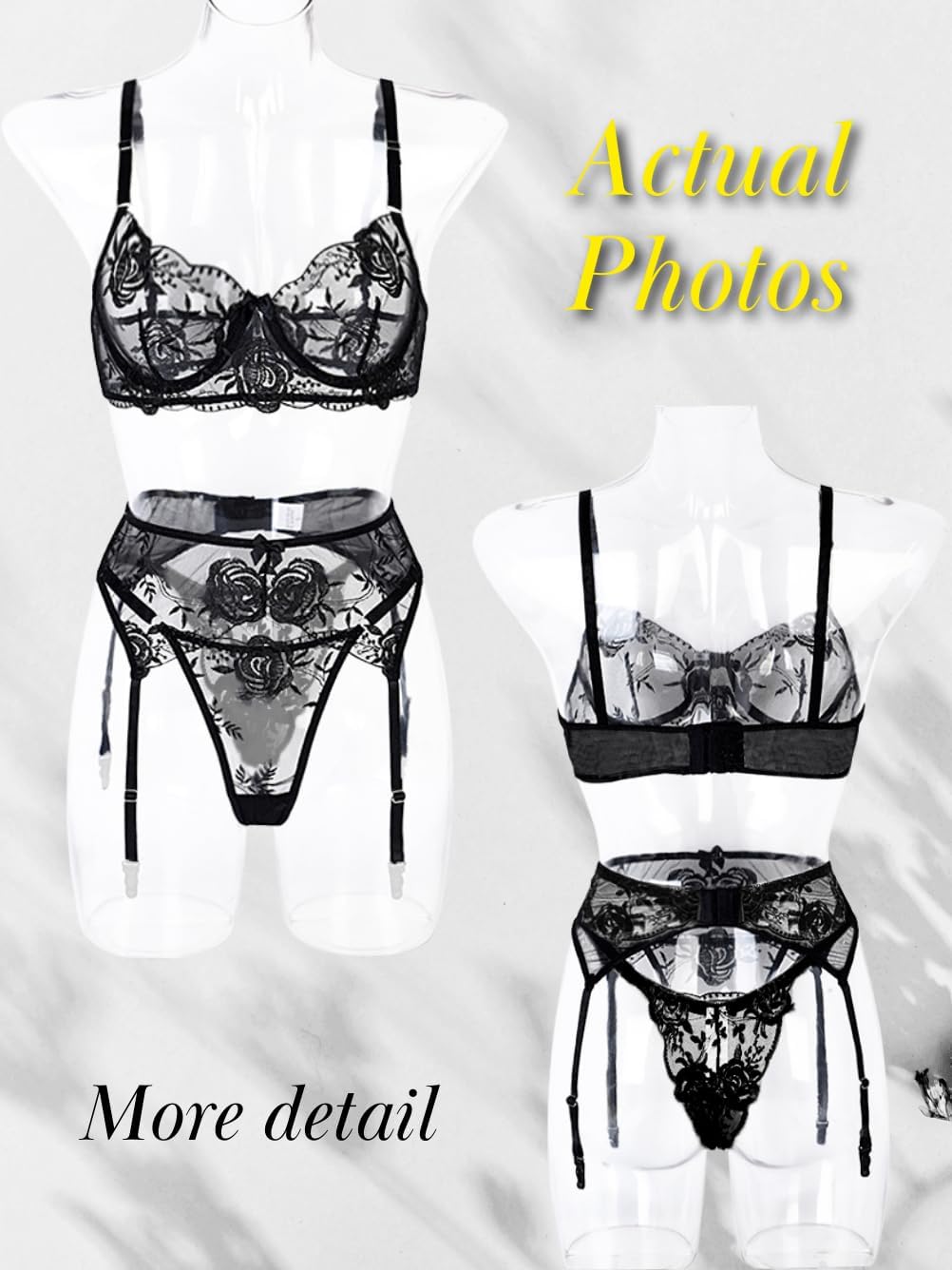 Kaei&Shi Floral Embroidered Mesh Sheer,Underwire Satin Bow,High Cut Thong,Belt Garter Lingerie - Image 5