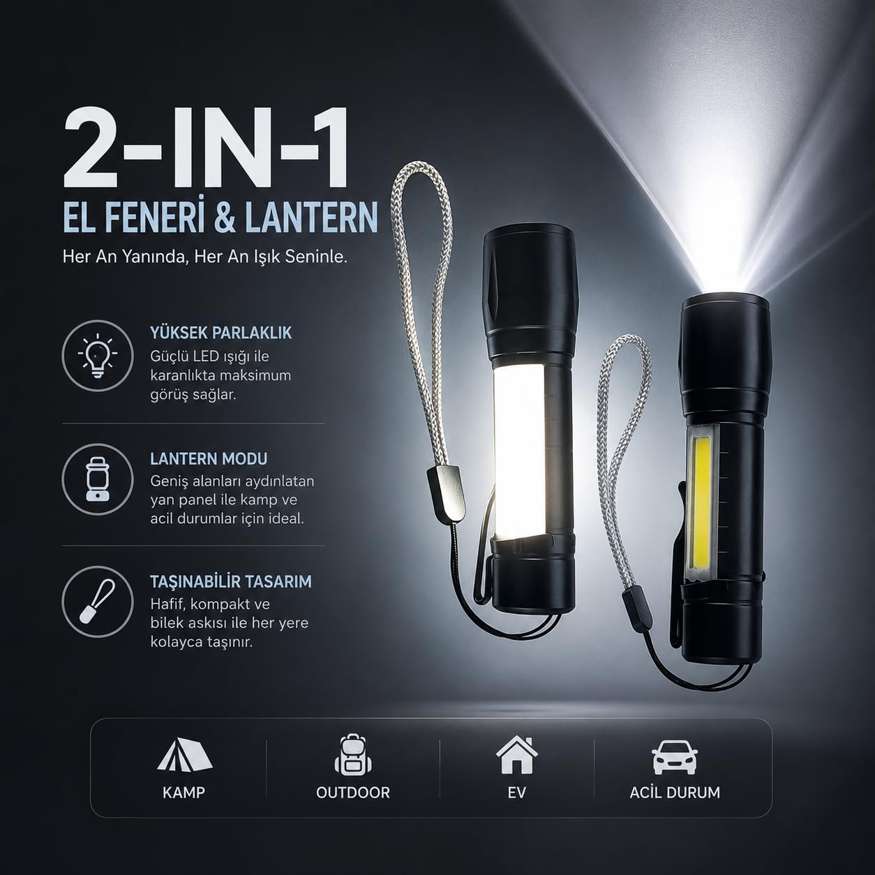 Kenly Powerdex PD-5568 Plus USB Şarjlı Mini El Feneri COB LED Zoomlu 800 Metre Su Geçirmez Taşınabilir Güçlü Işıldak Kamp Acil Durum Outdoor