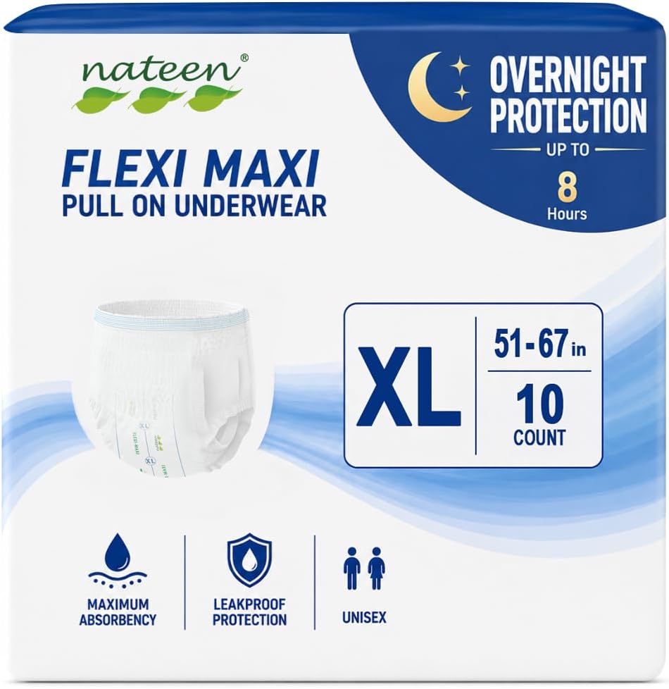 Nateen Flexi Maxi Adult Overnight Incontinence Underwear for Men & Women, Maximum Absorbency Adult Pull Ups, Leakproof Disposable Protective Underwear. XL, 10 Count