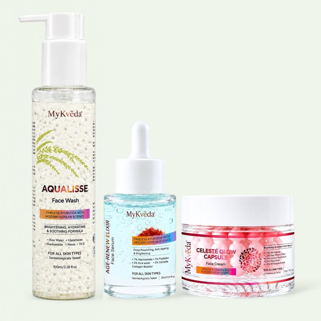 MyKveda Premium Glass Skin Care Combo Daily Radiance Face Wash, Celesté Glow Capsule Face Cream and Age Renew Elixir Face Serum, Glass Skin Kit for All Skin Types-image-46