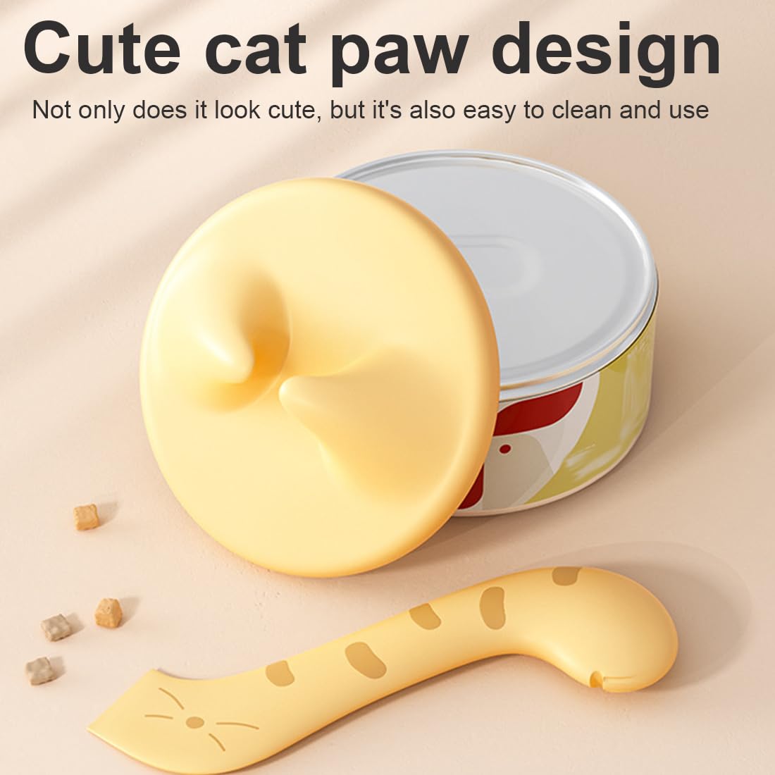 EIHI 2 Tapas de Silicona para Latas de Comida de Gatos con Cuchara - Herramienta Multifuncional para Abrir Latas de Comida Húmeda para Mascotas, Almacenamiento Comida para Mascotas, Regalo(Amarillo)