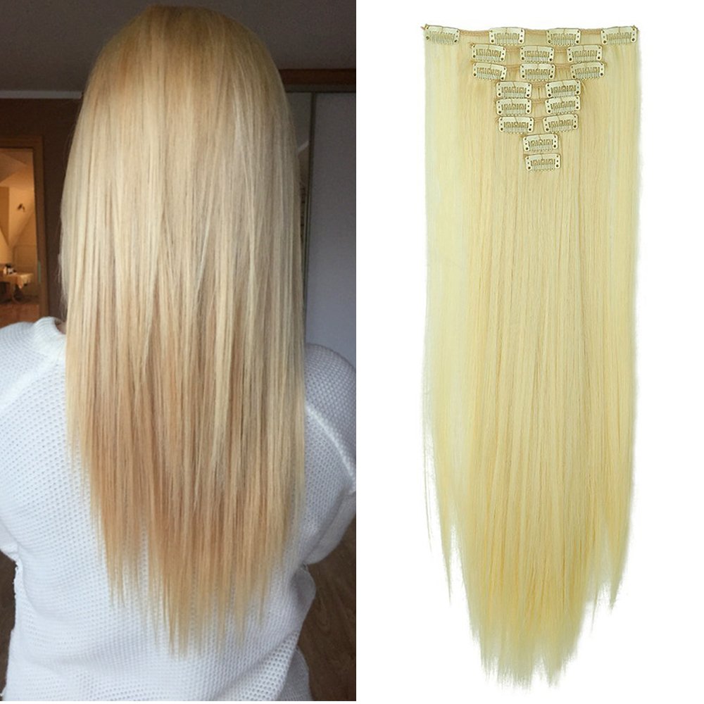 24"(60cm) SEGO Extensiones de Cabello Clip de Pelo Sintético Se Ve Natural 8 PCS [Sandy Rubio mezcla Blanqueador Rubio] Rizado Ondulado Largo Postizos Pelucas (140g) — view 37