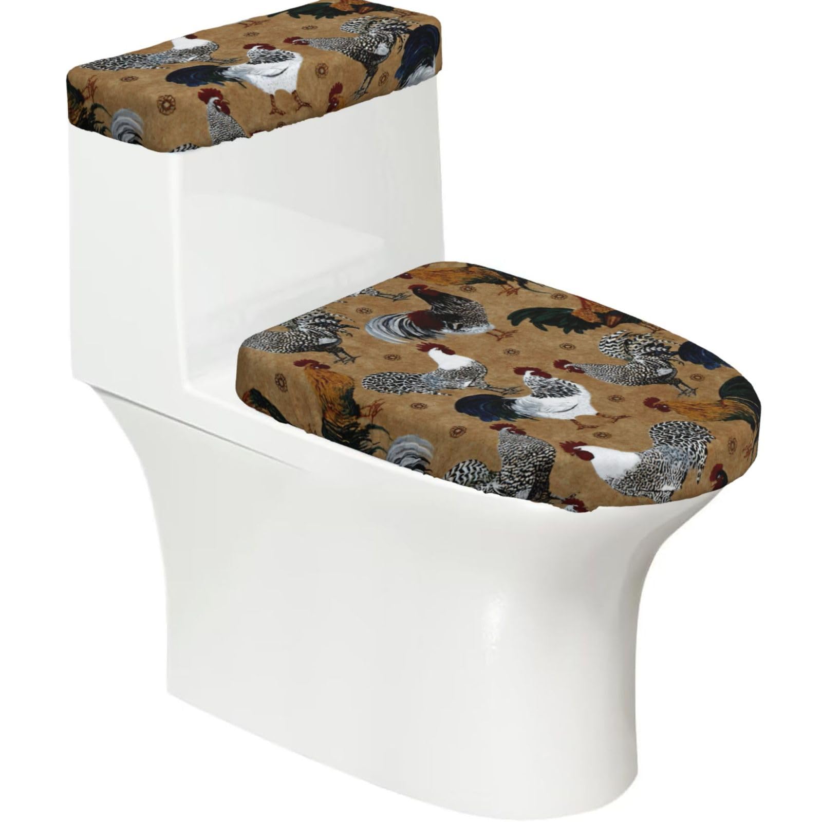 Rooster And Chicken Print Print Bathroom Decor Toilet Lid Cover And Tank Covers, Restroom Accessories Fits Most Round
