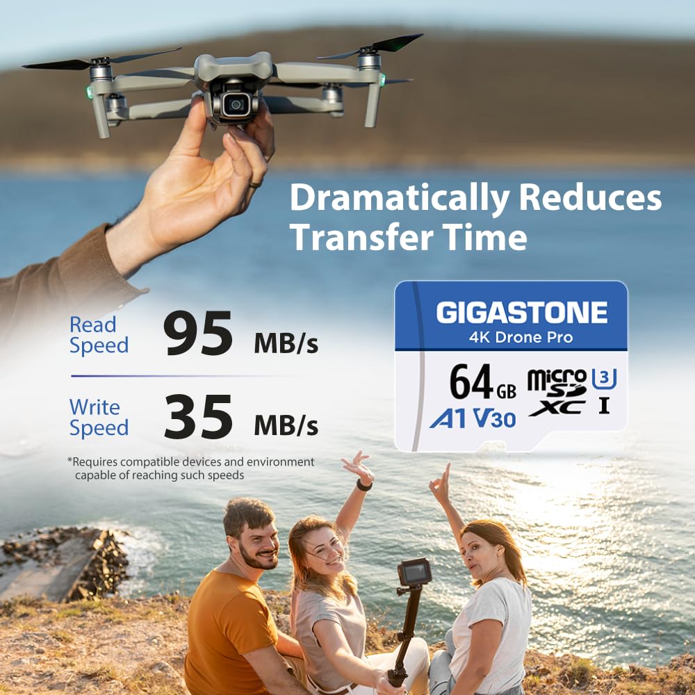GIGASTONE Karta micro SD 64 GB, 4K Drone Pro, MicroSDXC do Wyze Cam, kamery bezpieczeństwa, DJI Drone lub kamery akcji, nagrywanie wideo 4K, UHS-I U3 A1 V30, 95MB/s, z adapterem