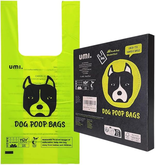 Amazon Brand - Umi Dog Poo Bags with tie Handles, Biodegradable Dog Poop Bags, Certified Compostable, Extra Thick and Leak-Proof, Unscented, 18 x 37 cm, 60 bags