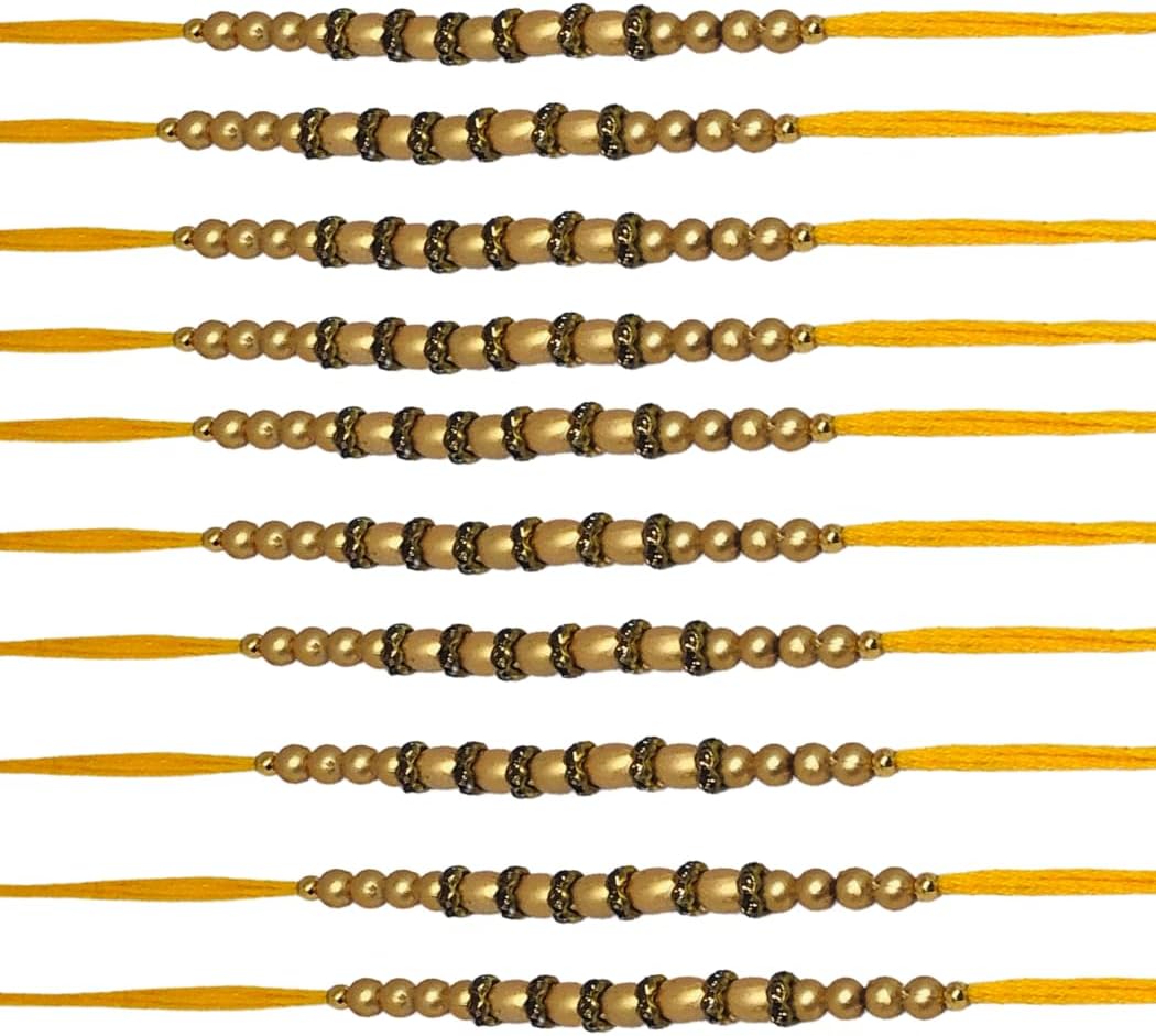Rakhi for Brother/Set of 10 Rakhi/Rakhi bracelet for brother/Cream Beads with Golden Ring Rakhi Thread/Designer Rakhi Raksha Bandhan