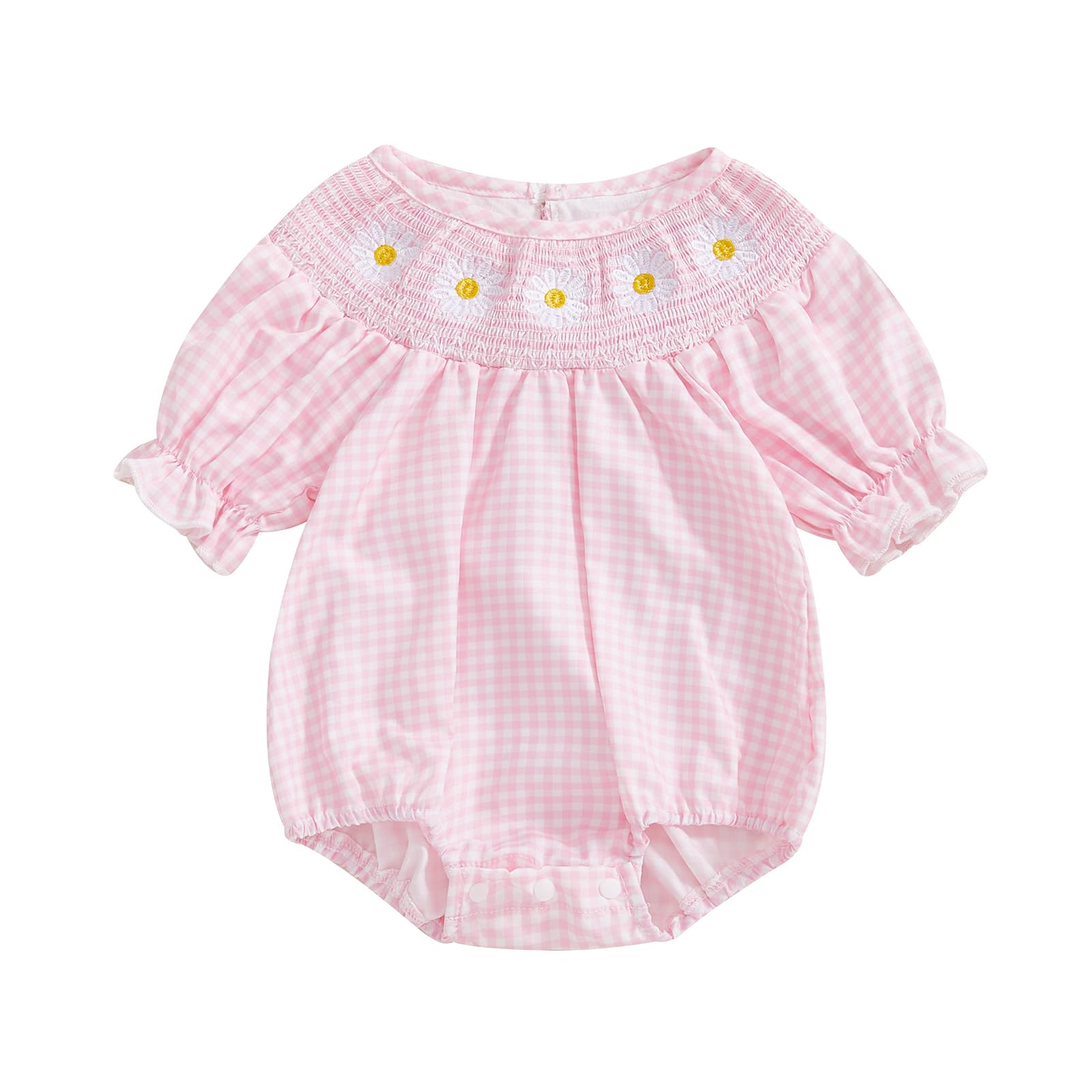 Aiwpstoin Infant Baby Girl Plaid Bubble Romper Clothes Daisy Embroidery Short Sleeve Smocked Bodysuit Summer Outfit (Pink, 0-3 Months)