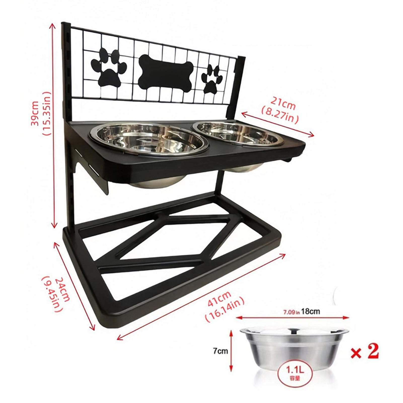 Yctze Soporte Elevado para Comederos de Perros con Altura Ajustable, Soporte Elevado con 2 Cuencos de Acero Inoxidable, Hierro Resistente a la Corrosión, Doble Desmontable