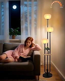 Black Floor Lamp Dimmable Modern Floor Lamps with Pumpkin Lampshade & Table, 3000K Soft Warm White Bulbs Included, 3-Light Tall Standing Lamp with 5Lbs Heavy Base for Living Room/Bedroom