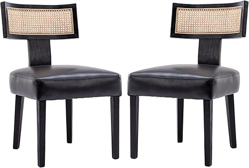 Juego de 2 sillas de comedor negras modernas de mediados de siglo, sillas de comedor tapizadas de cuero con patas de madera de ratán