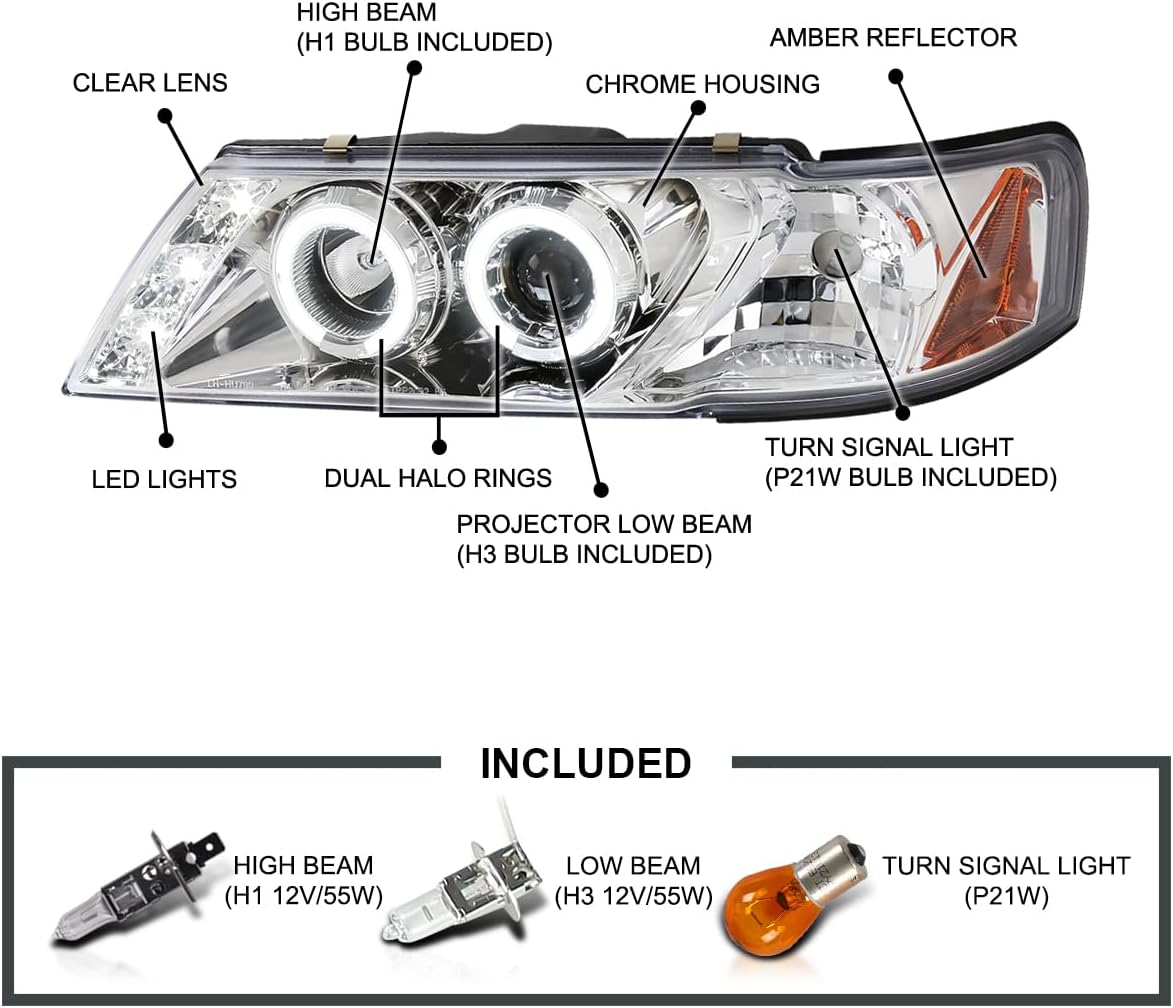SPEC-D TUNING Halo LED Chrome Housing Clear Lens Projector Headlights Compatible with 1995-1999 Nissan Sentra, 1995-1999 Nissan 200SX, Left + Right Pair Headlamps Assembly