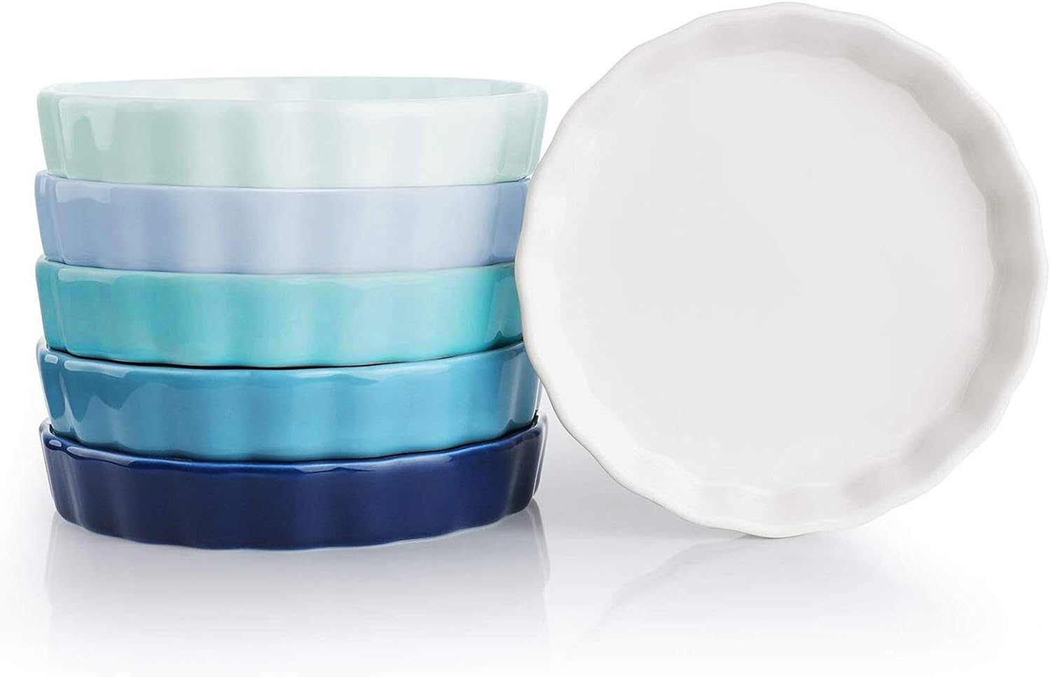 Sweese 505.003 Porcelain Ramekins Round Tart Pan Mini Fluted Quiche Dishes - 5 Ounce for Creme Brulee - Set of 6, Multicolor, Cool Assorted Colors