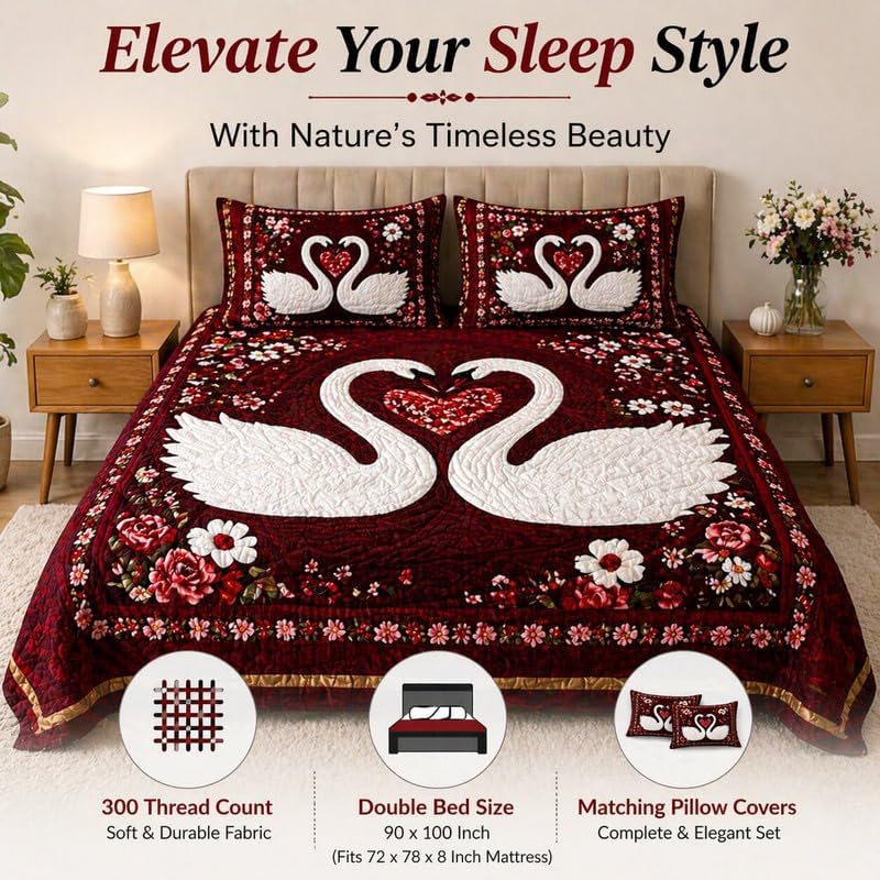 Image of Premium 7D Printed King Size Bedsheet Set with Pillow Covers Soft Cotton Blend Double Bedsheet for Home (Pillow Covers :18x28 inches Bedsheet :90x100 Maroon)