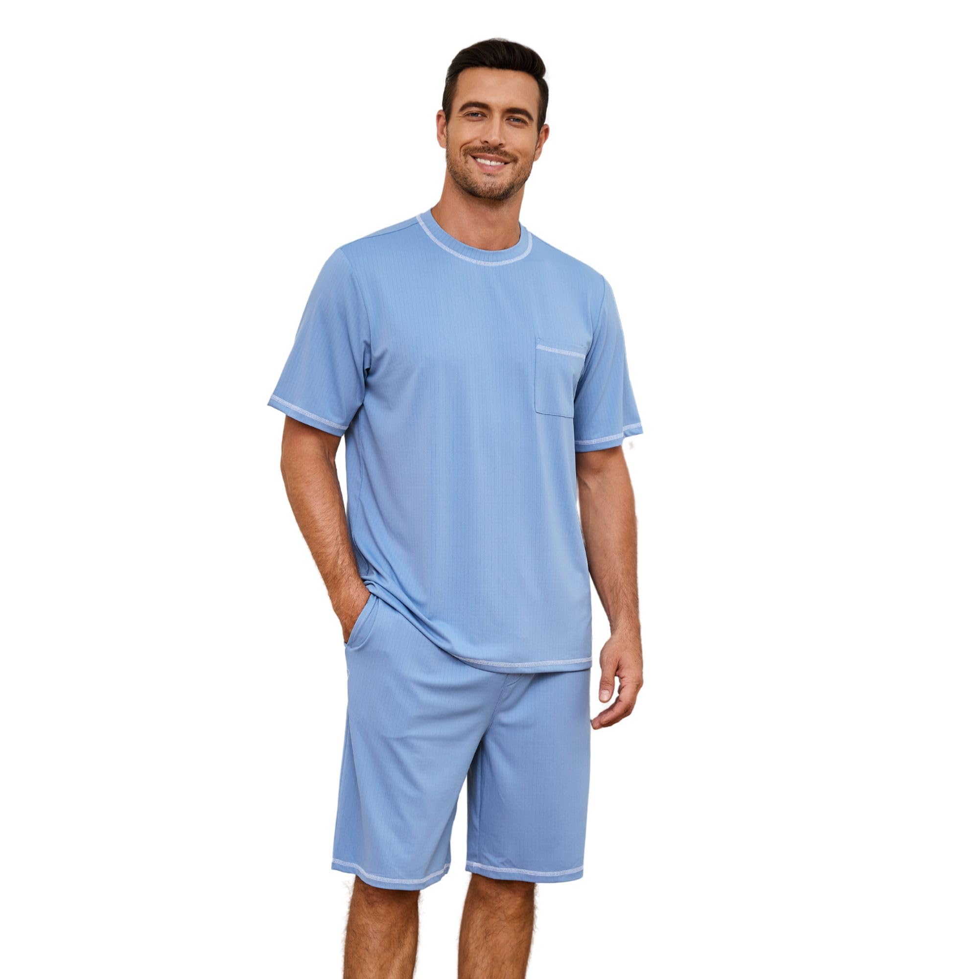 Mens Pajama Set, Soft Short Sleeve Lounge Set Pullover Pjs 2 Piece Outfits with Pocket