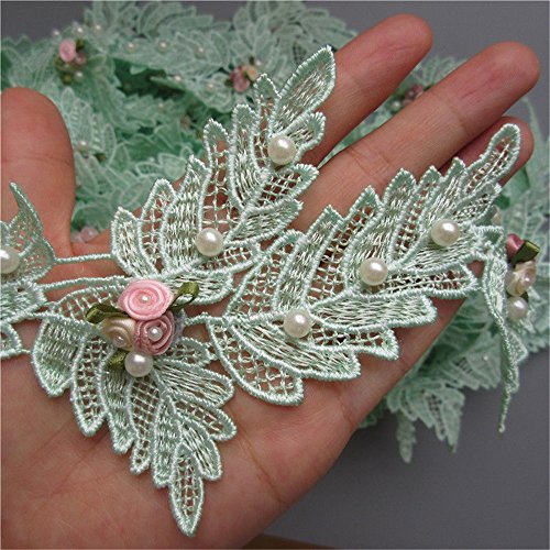 1 Meter Leaf Shape Flower Pearl Lace Edge Ribbon 7Cm Width Green Trimmings Vintage Style Fabric Embroidered Applique Sewing Craft Wedding Bridal Dress Embellishment Party Decoration Clothes Embroidery #TOP3