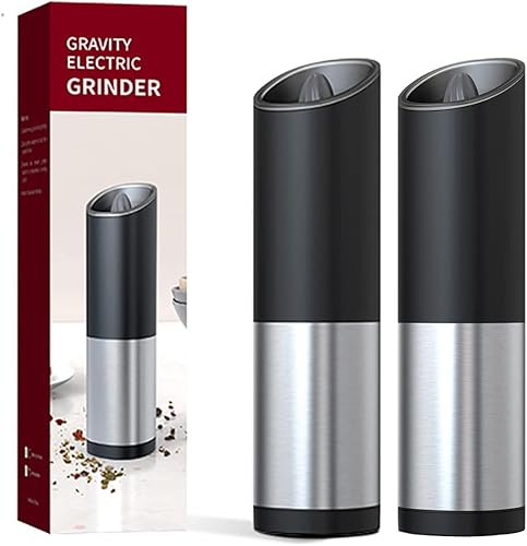 Molinillo eléctrico de sal y pimienta de acero inoxidable con molinillo ajustable, funciona con pilas con luz LED azul, funciona con una mano con