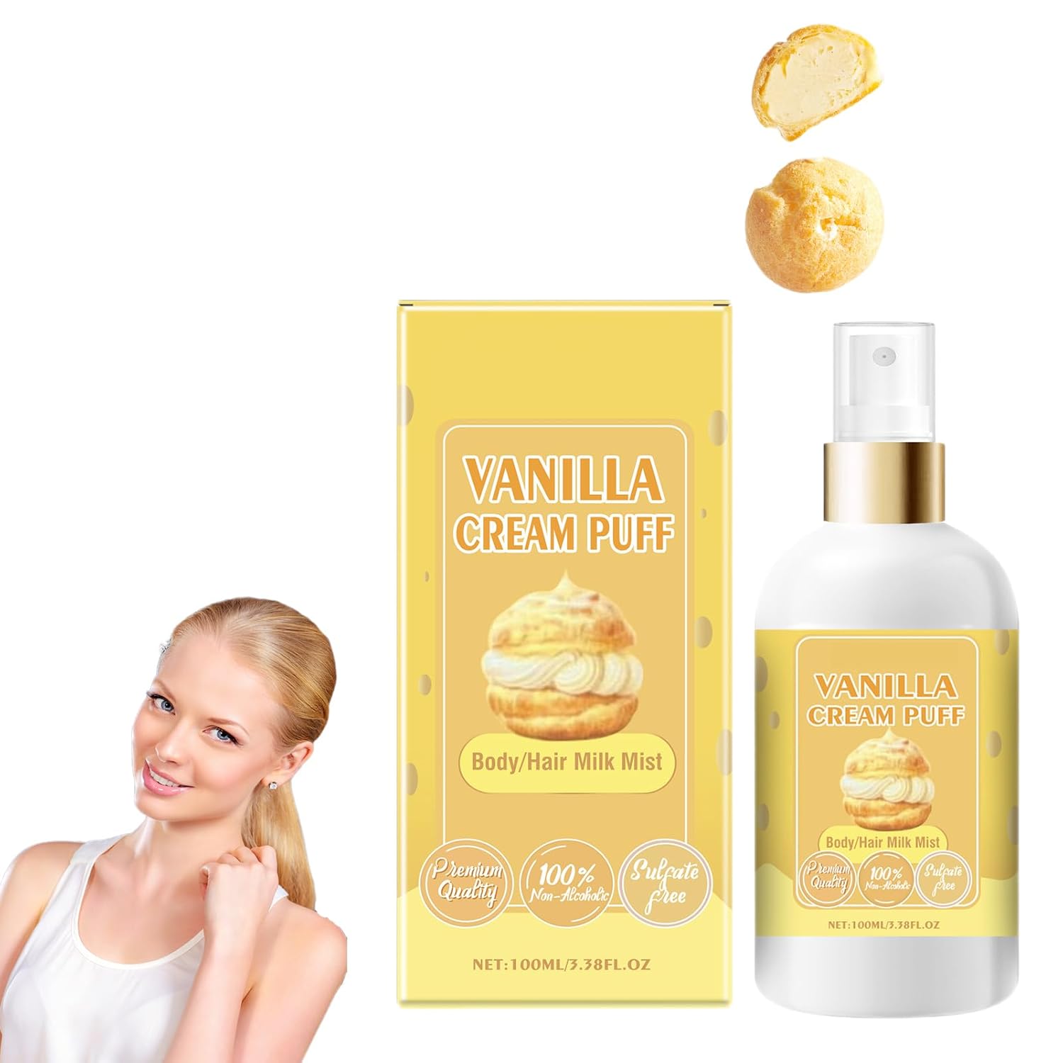 Vanilla Cream Puff Body Milk Mist, Strawberry Perfume, Strawberry Milk Body Lotion, Sweet Body Milk Mist, Long-Lasting Fragrance, Body and Hair Spray (3.38 Fl Oz, Puff)