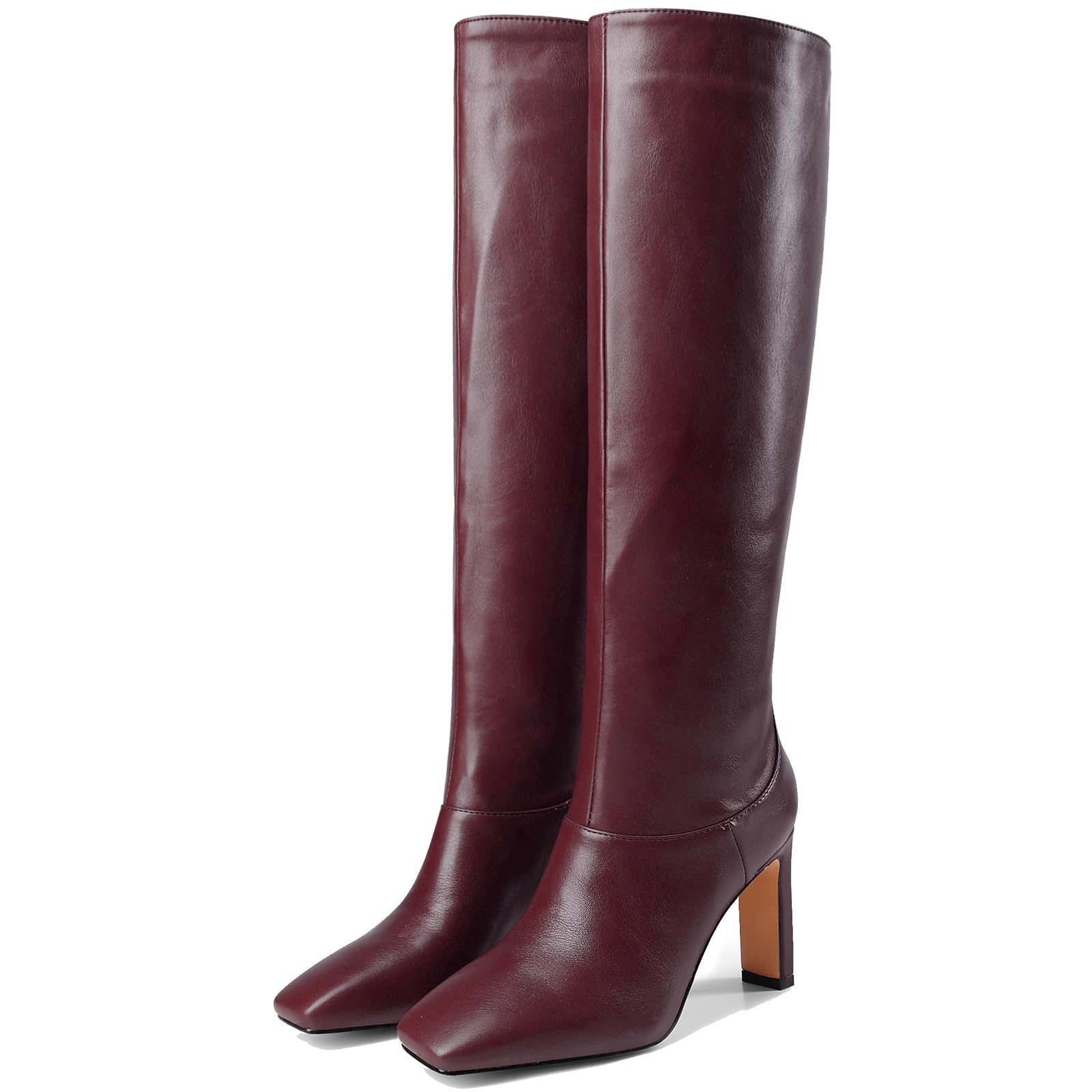 YIYA Cherry Red Boots for Fall Square Toe Chunky High Heels Dark Red Knee High Long Boots Pull