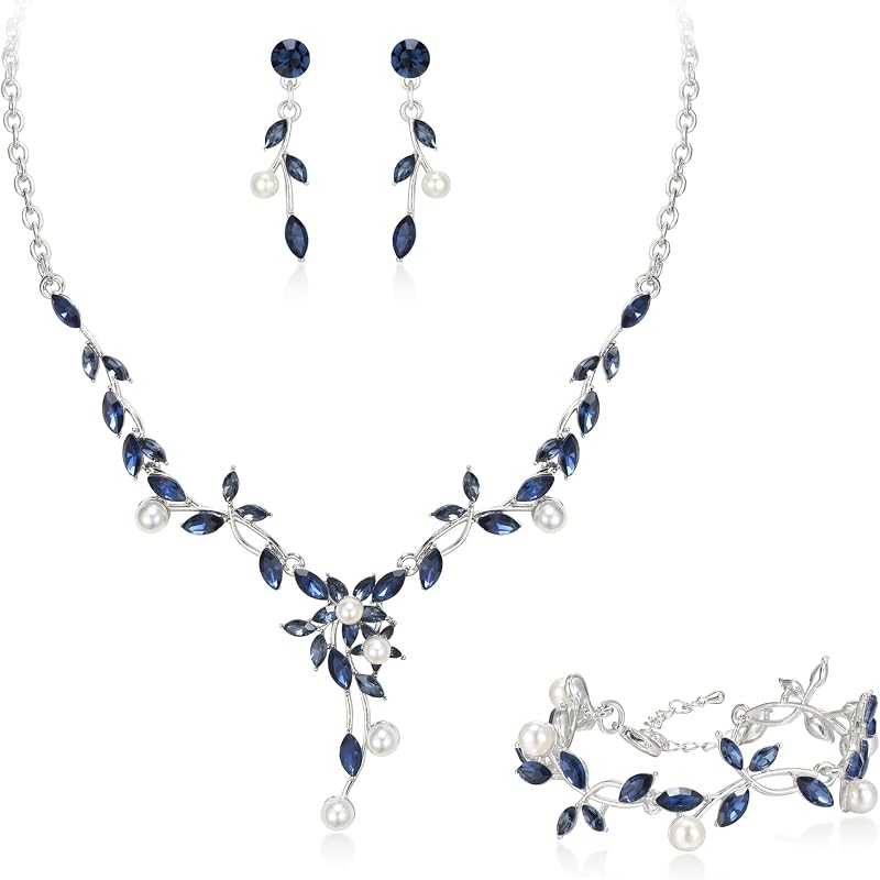 EleQueen Wedding Leaf Flower Crystal Teardrop Necklace Earrings Bracelet Set, Women's Dainty Jewelry Set for Prom Party