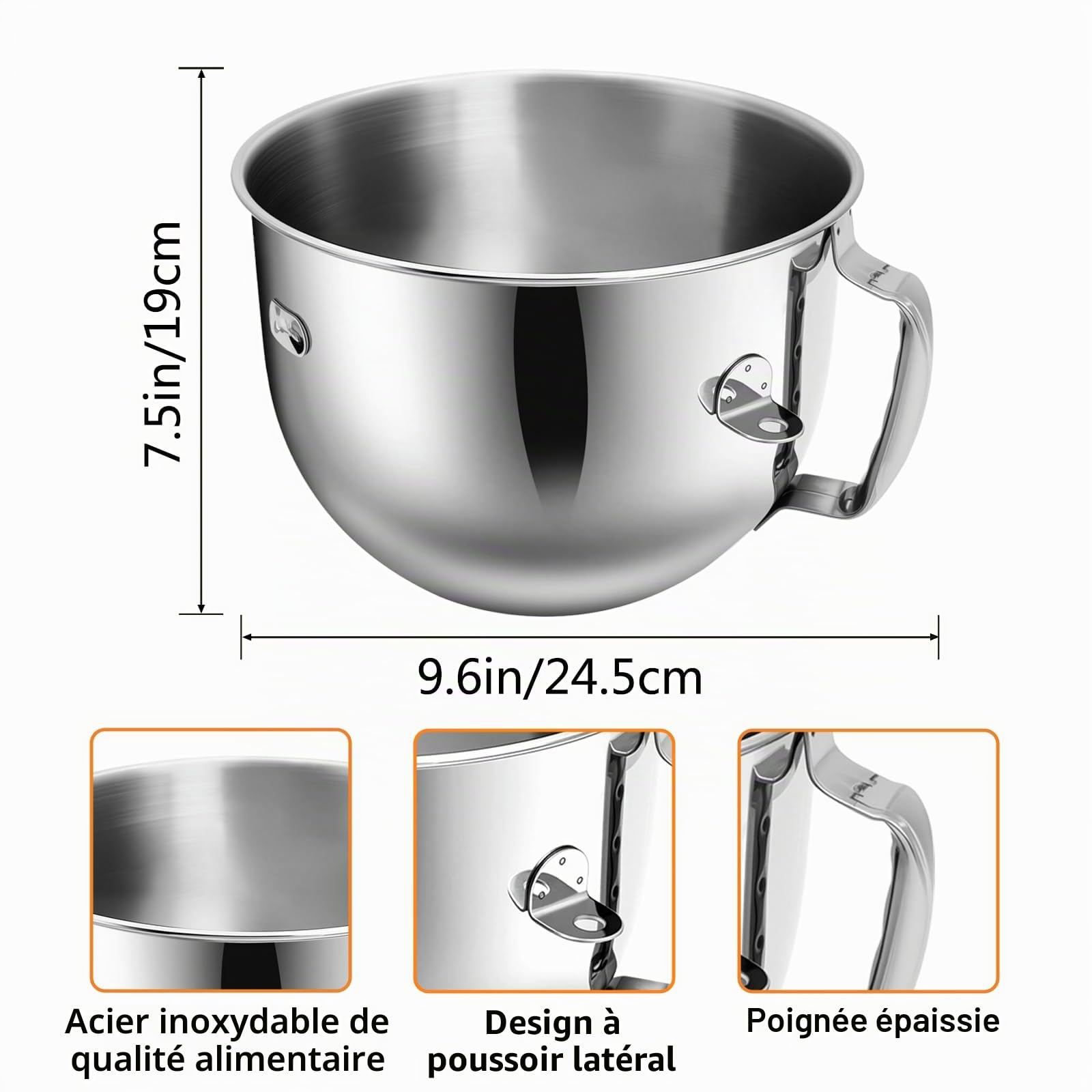 Bol de mixage en acier inoxydable compatible avec les mixeurs sur socle Kitchen Aid de 7 pintes avec élévation du bol