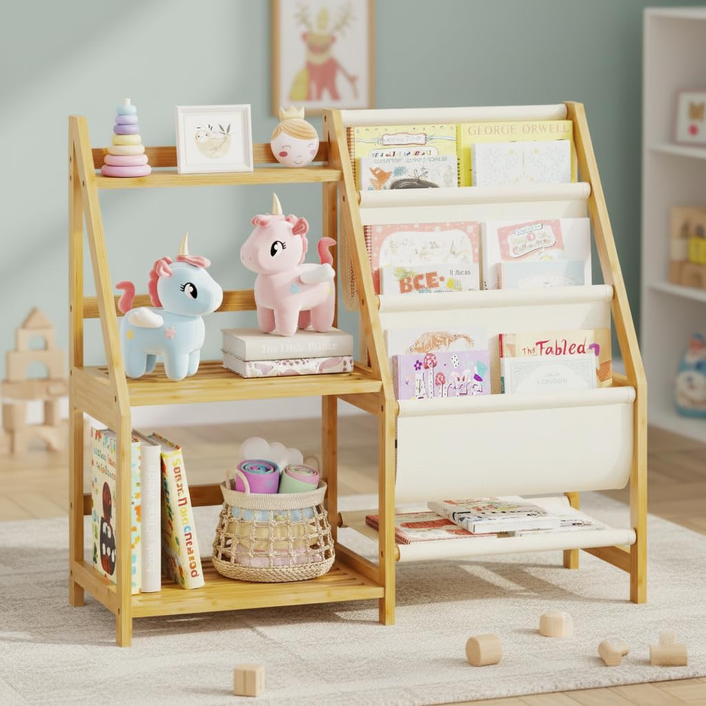 BAMBANG Kids Bookshelf and Toy Storage, 3 Tier Toddler Book Shelf, Montessori Bookshelf Baby Bookcase for Nursery, Bedroom, Playroom, Toy Storage Organizer, Natural