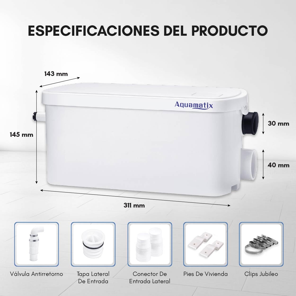Aquamatix pequeña estación de elevación, 250 W con triturador compacto, bomba de aguas residuales hasta 8 m de altura de descarga, con 2 entradas, para ducha y lavabo