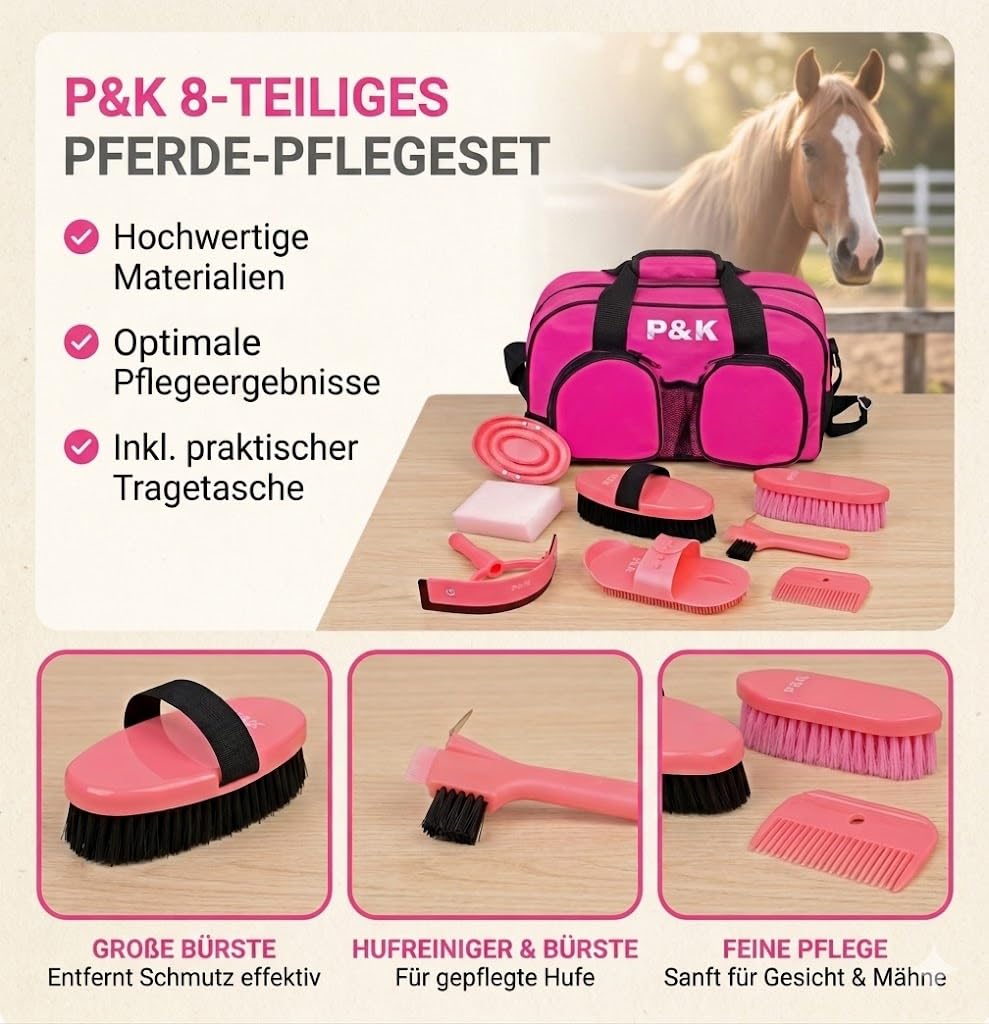 P & K Pferdepflege-Set Werkzeugset Pferd Putzset in Pink in praktischer Tasche-für die optimale Pflege Ihres Pferdes – Werkzeugset für Pferde, Putzset, Geschenkideen