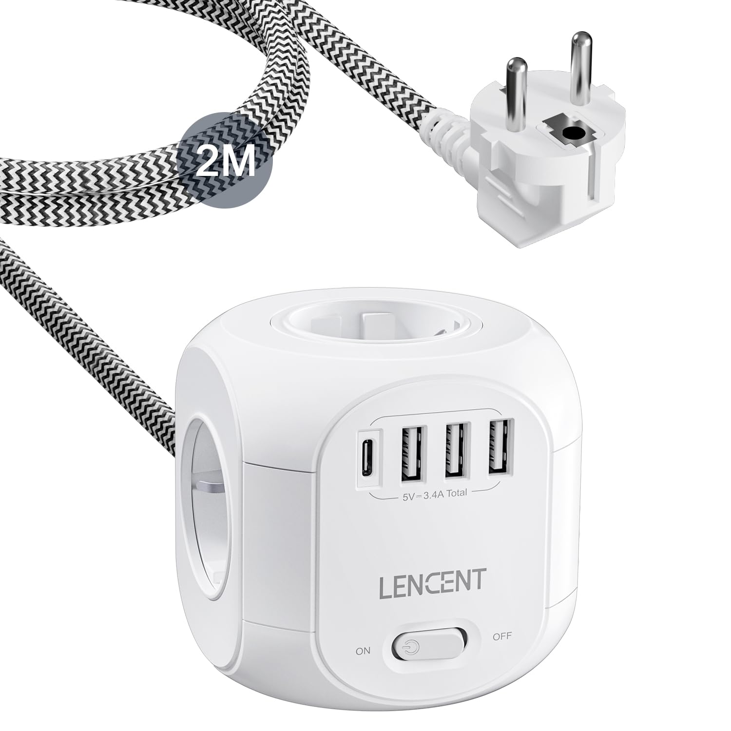 LENCENT Cubo Regleta Enchufes 2M con 4 Tomas de CA, 3 USB y 1 Tipo C | Alargadera Electrica Protección contra Sobretensiones para Familia, Cocina y Oficina White