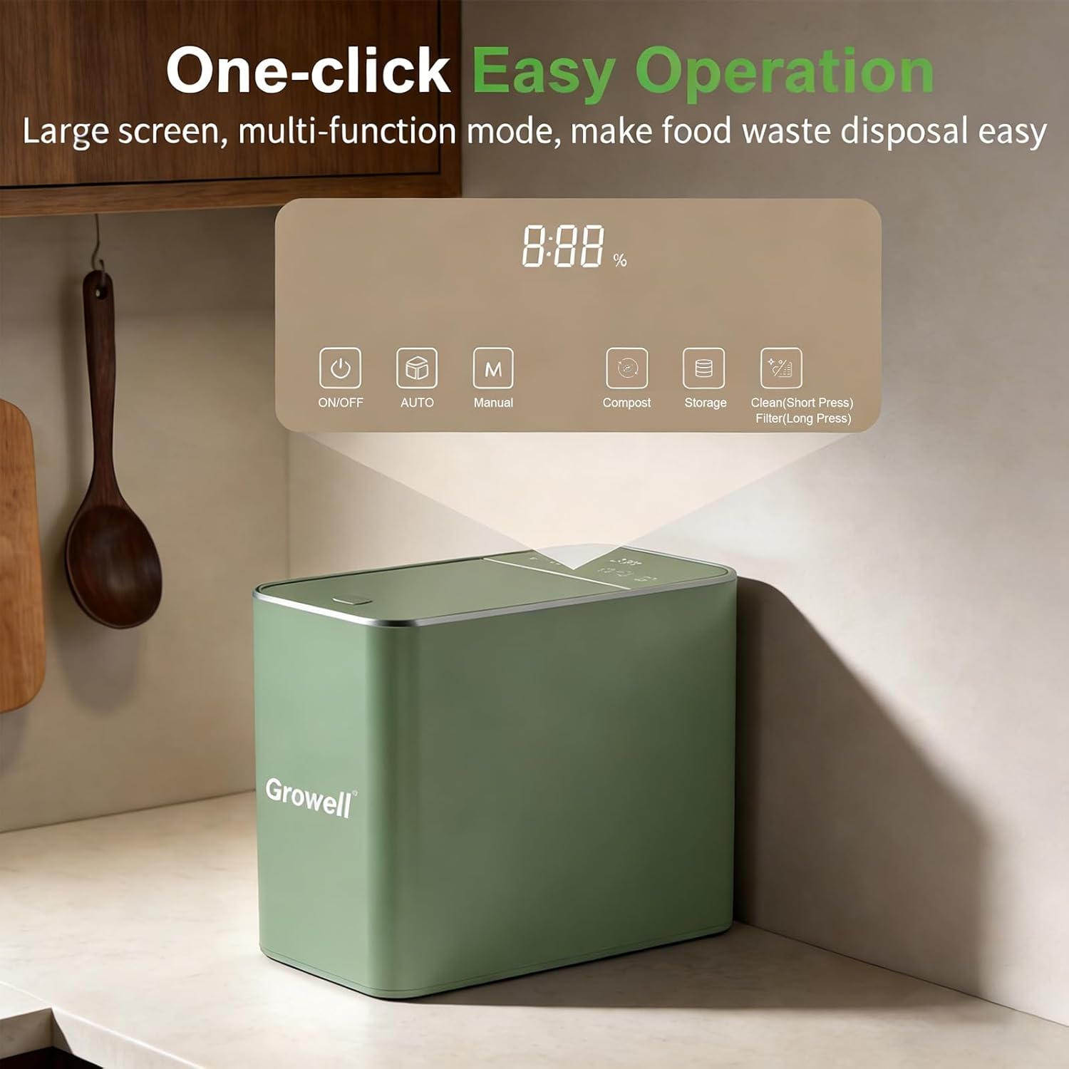 Electric Composter for Kitchen, 3.2L Smart Odorless Compost Bin, Low Noise & Odorless, Indoor Countertop Food Waste Composter with LED Display, One-Touch Operation, Auto-Cleaning, EC04 (Green)