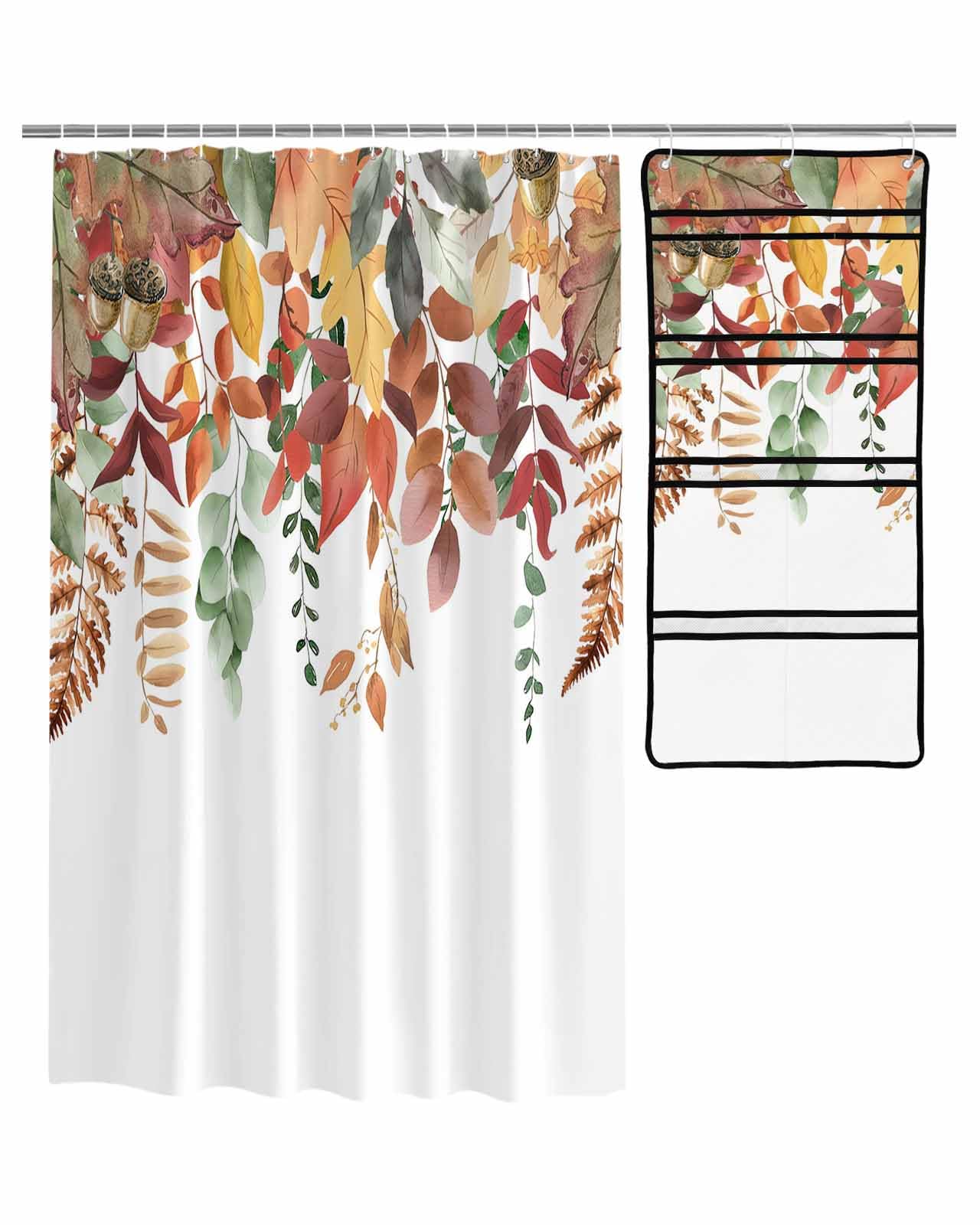 Decorative Shower Curtain Sets Fall Polyester Fabric Waterproof Bath Shower Curtains Autumn Colorful Eucalyptus Leaves White Mesh Shower