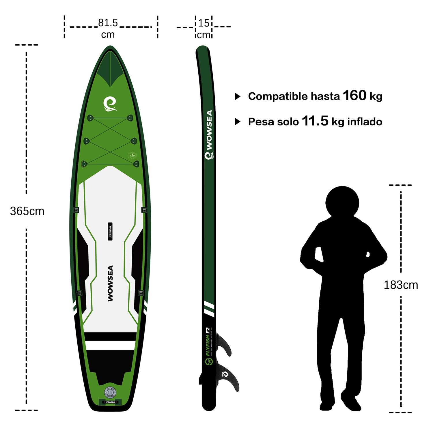 WOWSEA Flyfish F2 Green Inflatable Paddleboard, 365cm L x 81.5cm W