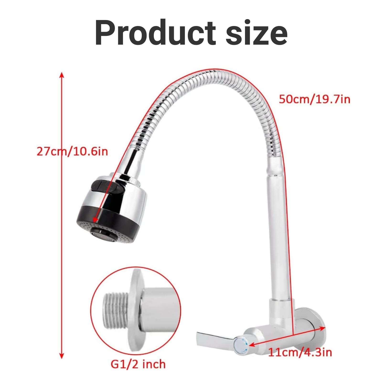 Grifo cocina pared, de acero inoxidable, giratorio 360° | Conexión de 1/2 pulgada, 2 tipos de chorro, acero inoxidable, para fregadero de cocina, lavabo de baño y autocaravana