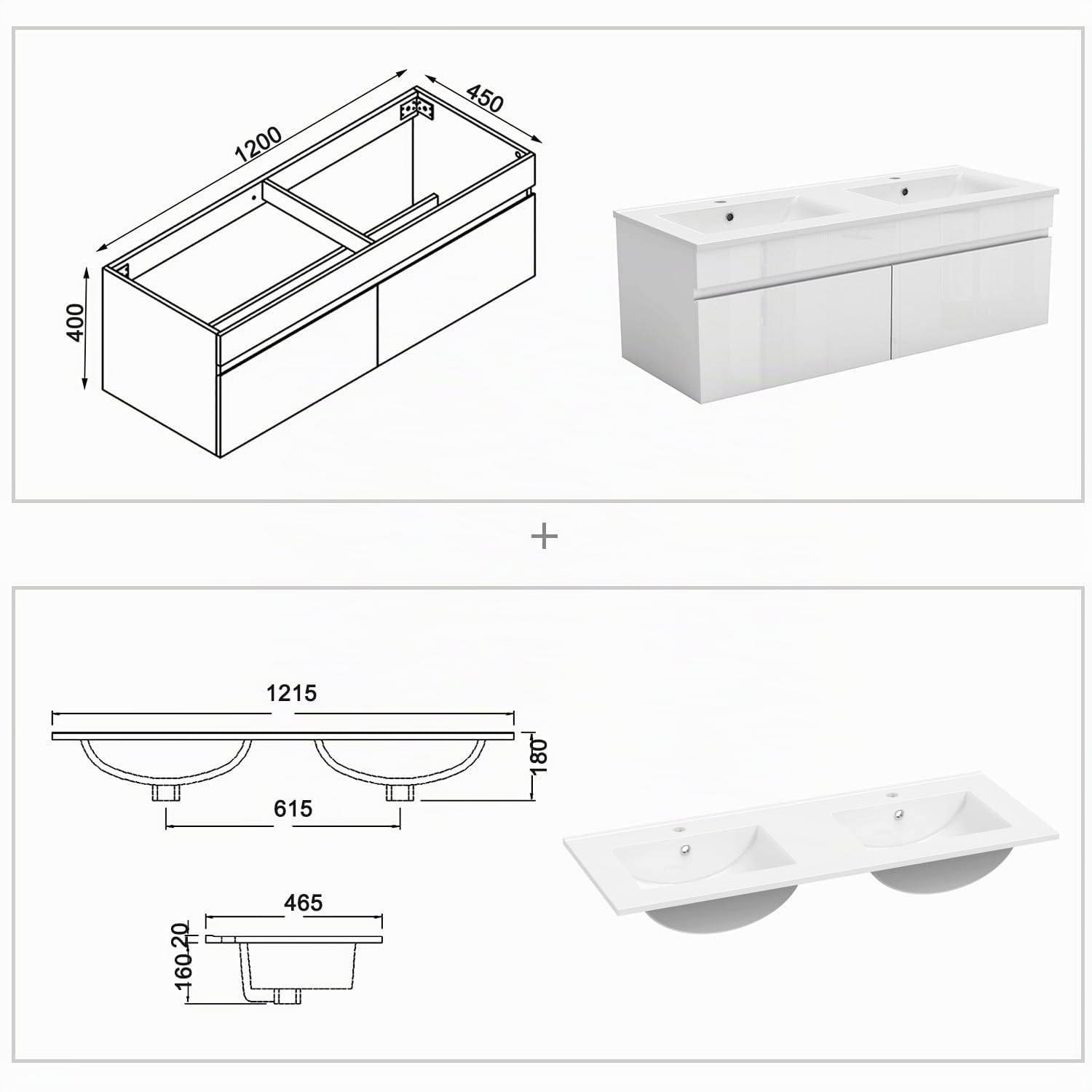 Badezimmer Badmöbel 120cm Keramik Waschtisch mit Unterschrank Hängeschrank Hochglanz Weiß Badezimmerschränke Badschrank mit 2 Soft-Close Türen
