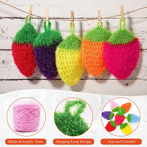 Image of 7 Pcs Acrylic Dish /Pot Scrubbers, Colorful Strawberry Shape Dish Washing /Washcloth, Kitchen Hand-Knitted Washing Rags Towel, Non Scratch Dish Sponge(Mixed Color)