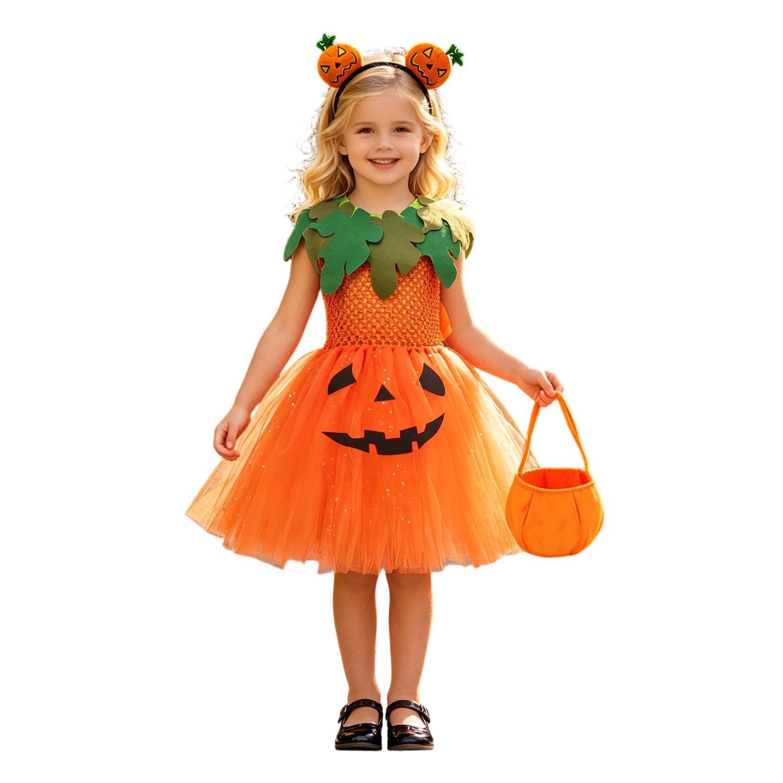 Kids Girls Halloween Pumpkin Costume Cute Sleeveless Tulle Dress and Headband Candy Bag Pumpkin Cosplay Party Outfit Witch Costume โ image 1