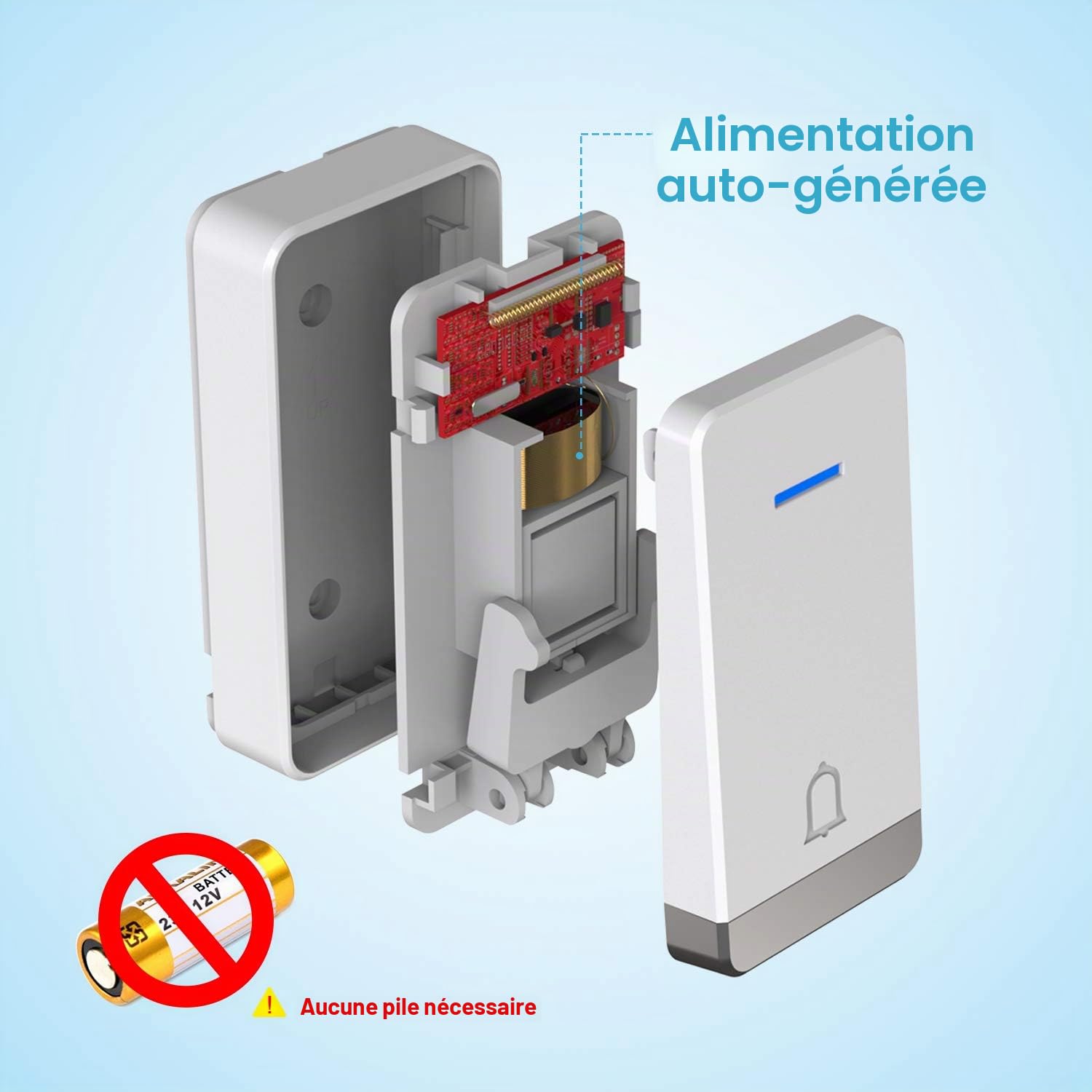 Sonnette Sans Fil, TECKNET 400m Sonnette de Porte IP65 Étanche Carillon Electronique, Sonnette de Porte avec Fonction de Charge et Lumière LED, 60 Mélodies au 5 Niveaux Volumes