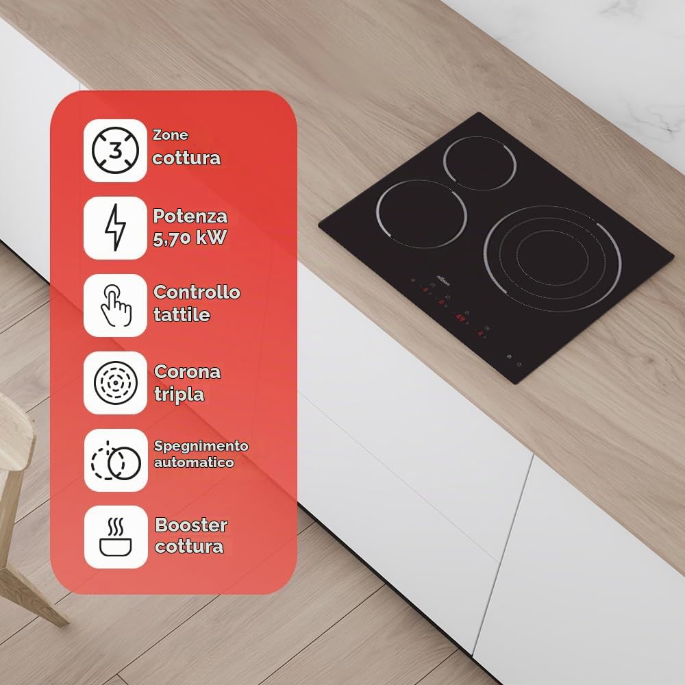 Nilson Placa de Inducción Cristal negro NI3600. Potencia máx. 7200 W, 3 Zonas de Cocción, 1-9 Niveles de Cocción, Control Táctil, Función Turbo, Bloqueo y Autodesconexión de Seguridad