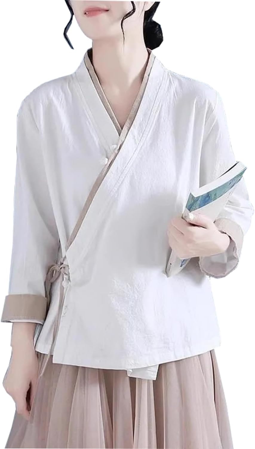 Cotton Linen Breathable V Neck Cardigan Blouse Elegant Tops Slant Collar Button Loose Long Sleeve Shirt for Women