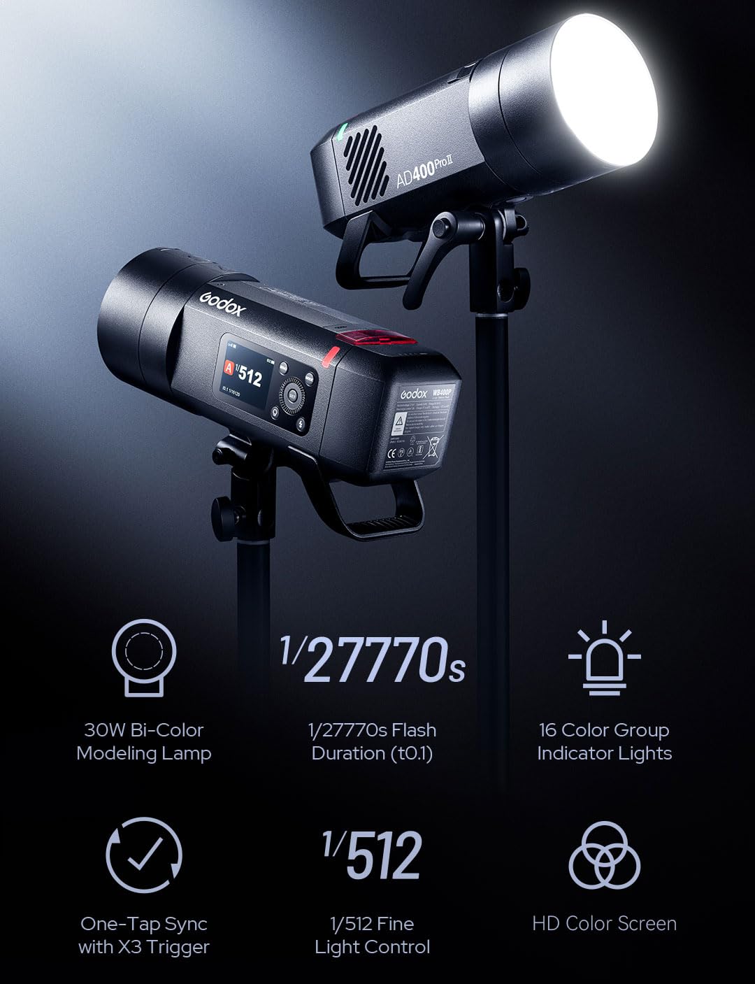 Godox AD400 Pro II Flash 400Ws TTL, AD400Pro II 2.4G HSS 1/8000s Monotorcia con LED Bi-Color 30W, Display OLED, Attacco Bowens/Godox, 460 Scatti a Piena Potenza, per Canon Nikon Sony Fujifilm